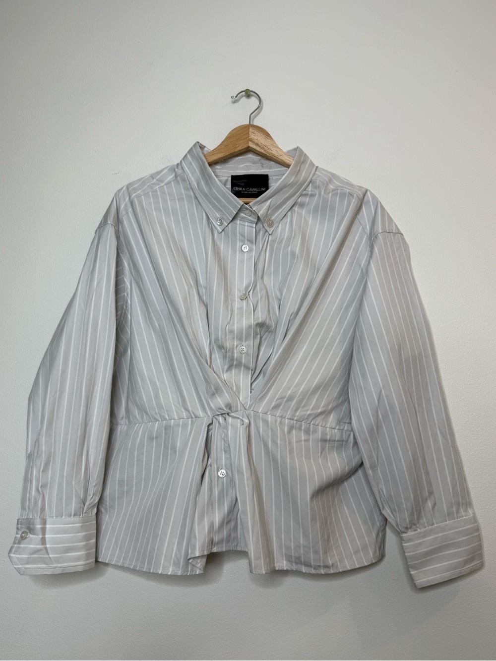New Erika Cavallini Poplin Pin Stripe Accentuated Twist Waist Collared Blouse 42